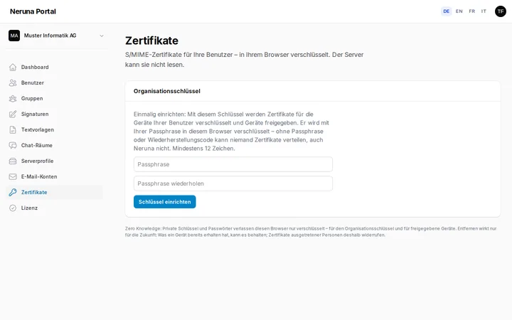 Zertifikate: Organisationsschlüssel einrichten