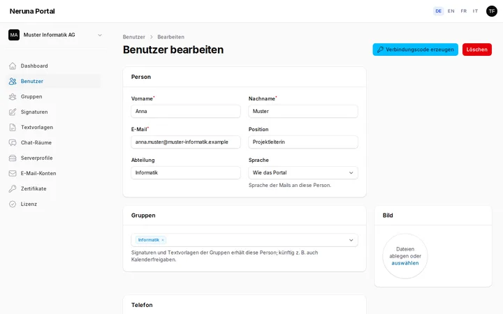 Person bearbeiten: Profil, Gruppen, Verbindungscode