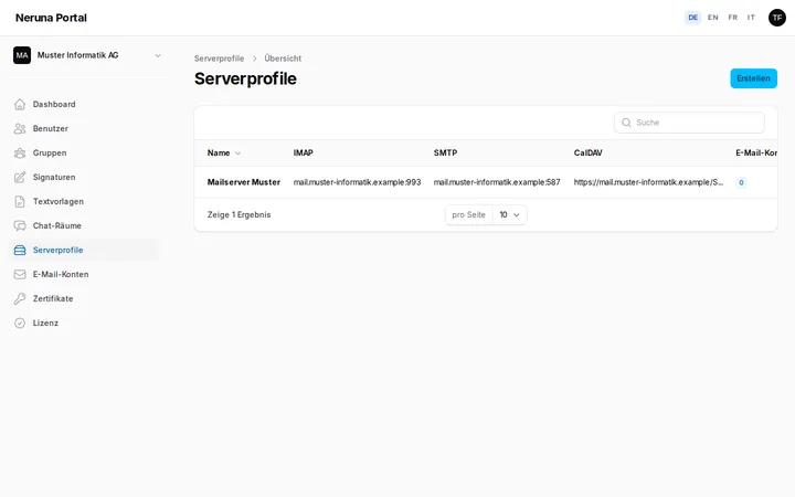 Serverprofile für IMAP, SMTP, CalDAV und CardDAV